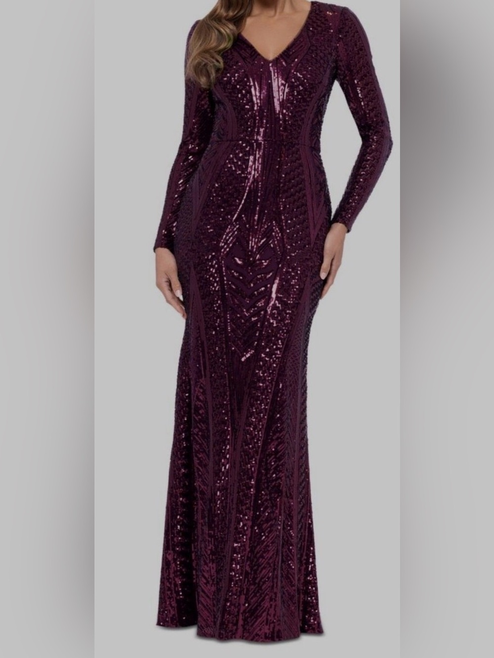 Xscape Long Sleeve Sequined Gown in Deep Plum